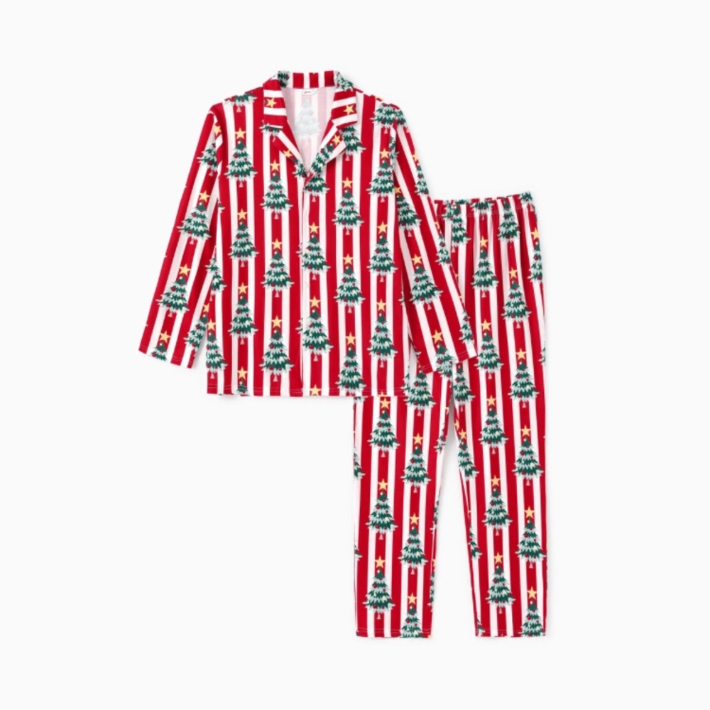 Patpat Men Christmas Trees Striped Bottom Down Long-sleeve Red Pajamas Set